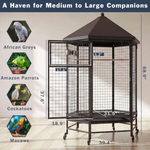 Extra Large Bird Cage for Parrots, Heavy Duty Metal Aviary on Wheels (39.4"L x 31.5"W x 68.9"H)